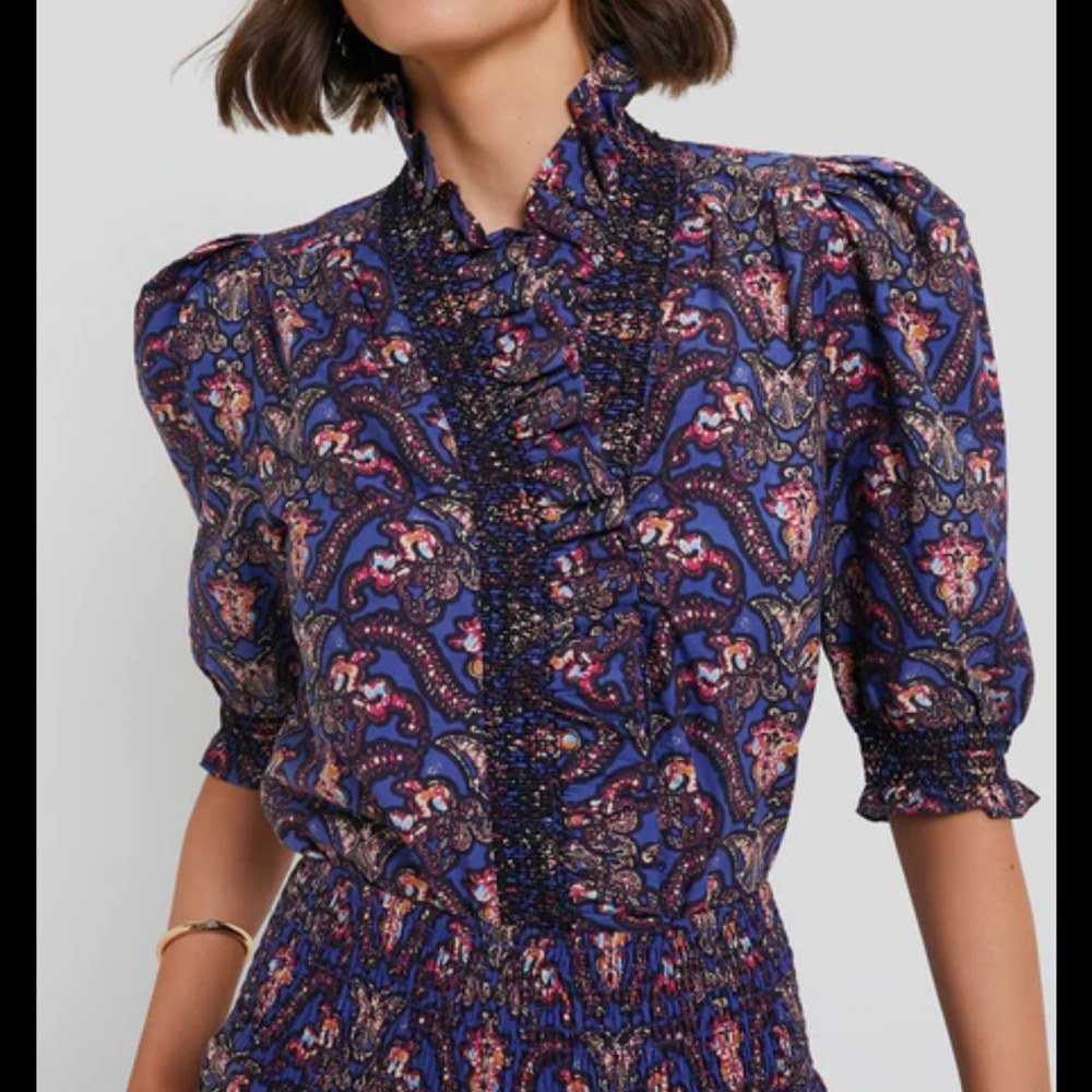 Red and Blue Puff Sleeve Ruffled Blouse